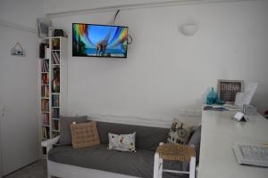 卡马利扎哈拉基斯画室酒店的客厅配有沙发和墙上的电视