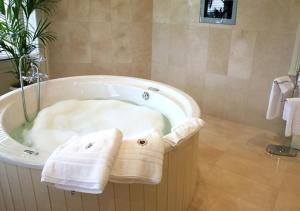 莫希尔林恩湖城堡酒店的浴室配有浴缸和毛巾。
