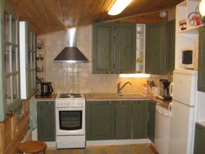 KoroHoliday Home Niittylahti by Interhome的厨房配有绿色橱柜和白色炉灶烤箱。