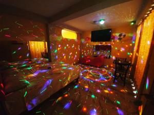 利马HOSTAL EL TORNILLO 3的一间卧室配有带圣诞灯罩的床