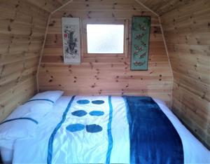 克莱尔Rum Bridge 'Hazels' Pet Friendly Glamping Pod的小木屋内的一张床位,设有窗户