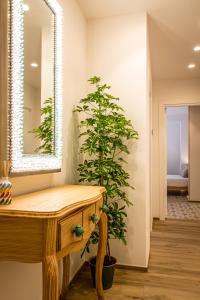 滨海波利尼亚诺Dimora Labbate的浴室设有木桌和镜子旁的植物