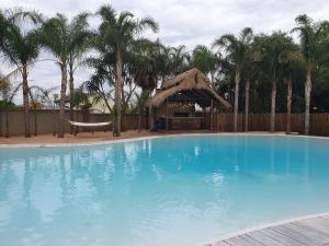 比勒陀利亚La-Perna Guesthouse and Venue的一个带凉亭和棕榈树的大型蓝色游泳池