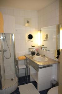 莱布尼茨Hotel Lang的一间带水槽、淋浴和卫生间的浴室