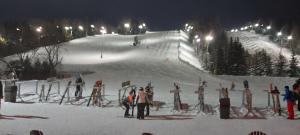 PiedmontStudio-hôtel Villegiature Saint-Sauveur的一群人晚上站在滑雪场上