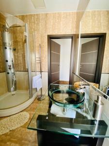 敖德萨ArkPalmira的一间带玻璃水槽和淋浴的浴室