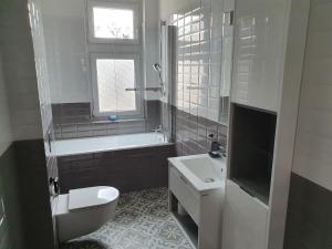 卡托维兹B&B MILES APARTMENT的浴室配有卫生间、盥洗盆和浴缸。
