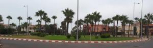 西迪拉哈尔Riad Sidi Rahal Beach的棕榈树和城市建筑的环岛