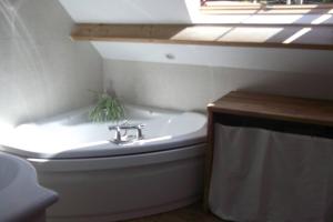 Le HamelJolie maison 2 chambres - jardin的一间带水槽和窗户的浴室