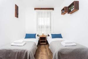 克拉科夫City of the Kings - Wolf Apartment的带窗户的客房内设有两张单人床。