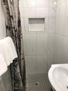 蒙特利尔旅行者之家酒店的带淋浴和盥洗盆的白色浴室