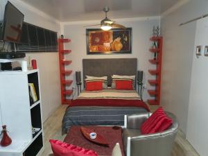 梅尔克博斯特兰Atlantic Studio - Compact unit with Sea Views的一间卧室配有一张带红色枕头的大床