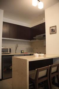 塔里哈Gaia Apart Hotel的厨房配有棕色橱柜和台面