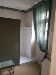库谢韦尔尼贝居安酒店的一间带绿色窗帘的淋浴的浴室