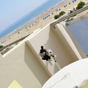 比比翁Hotel Lido Bibione Beach的坐在海滩上一座建筑物的一侧的动物