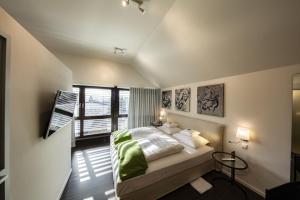 埃森敏特洛普斯布尔加腾多夫乡村酒店的一间卧室设有一张床和一个大窗户