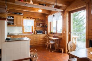 PodjeljePodjelje的小屋内的厨房配有木制橱柜和桌子