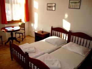 恰斯拉夫阿维亚蒂克旅馆的一间卧室设有两张床、一张桌子和一个窗口