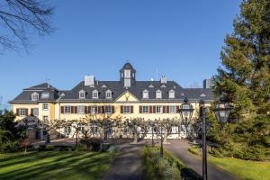 吕德斯海姆Jagdschloss Hotel Niederwald的享有大型黄色建筑的外部景致,