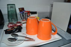坎特伯雷哈里特住宿加早餐旅馆的两个橙色的杯子坐在柜台的托盘上