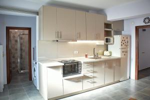 兹拉马Varvara Lake Dramatown Studio的厨房配有白色橱柜和炉灶烤箱。