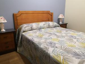 奥维多Apartamentos Chevere Azul的一间卧室配有一张床,并在床头柜上配有两盏灯