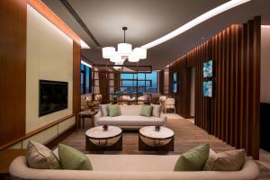 天津天津中北假日酒店的客厅配有两张沙发和一台电视机
