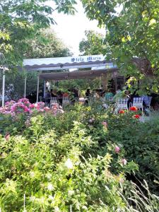 克罗诺维察斯特拉马里斯酒店的花园配有桌椅和鲜花