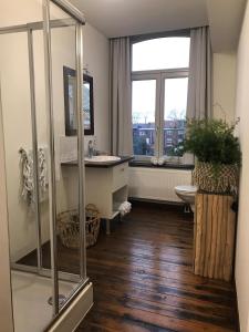 马塞克Anthos B&B的带淋浴和盥洗盆的浴室以及窗户。