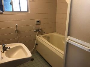 奄美ゲストハウスAmaなつ的浴室配有盥洗盆和浴缸。