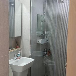 束草市The Mark Sokcho Residence #16 Level的一间带水槽和玻璃淋浴的浴室