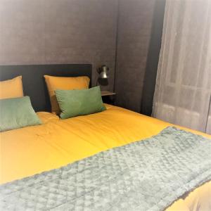BalkbrugLuxe All season Chalet De Goudenregen的一张黄色的床,上面有两个绿色枕头