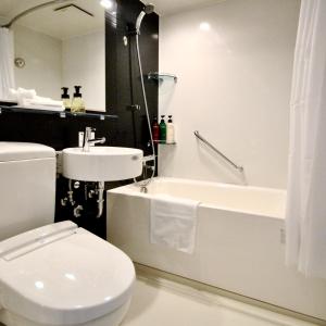 IshiokaHOTEL SOSHA的浴室配有卫生间、盥洗盆和浴缸。