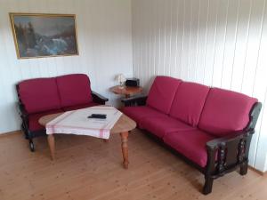 Skudeneshavn尚酷德尼森露营酒店的客厅配有紫色沙发和桌子