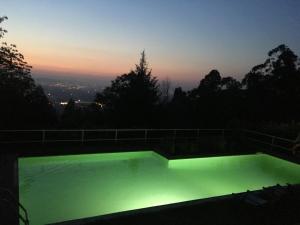 圣托·蒂尔索Quinta das Leiras的游泳池在晚上有绿色的光芒