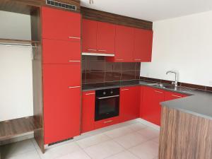 SurpierreGîte La Broye的红色的厨房,配有红色橱柜和水槽