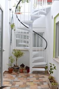瓦伦西亚Casa Cabanyal的一条有白色楼梯和盆栽的走廊