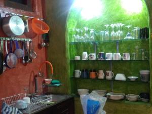 奥塔瓦洛Aylluwasi Guesthouse的厨房设有绿色的墙壁和书架,配有杯子和餐具
