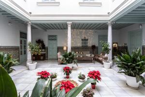格拉纳达帕拉西奥卡布雷拉利洛公寓的庭院内种有植物和鲜花的客厅