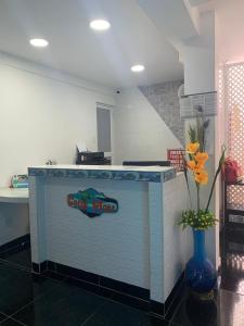 圣安德烈斯Posada Cocos Place的一个有花瓶的厨房里的螃蟹行星柜台