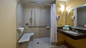 库克维尔库克维尔假日酒店的带淋浴和盥洗盆的浴室以及电话。