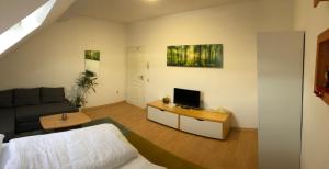 代特莫尔德Apartmenthaus Am Bahnhof的客厅配有沙发和桌子上的电视
