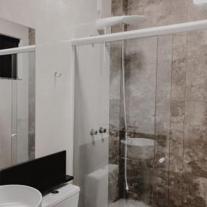 弗朗西斯科贝尔特朗Petri Plaza Hotel的带淋浴、卫生间和盥洗盆的浴室