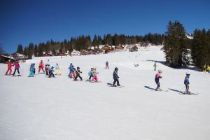 艾姆敦斯查富力酒店的一群人沿着雪覆盖的斜坡滑雪
