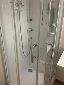 达马利百合Budget Hotel Melun Sud - Dammarie Les Lys的浴室里设有玻璃门淋浴