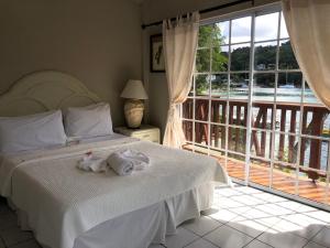马里戈特湾马里戈海滩俱乐部潜水度假酒店的一间卧室设有一张床和一个大窗户