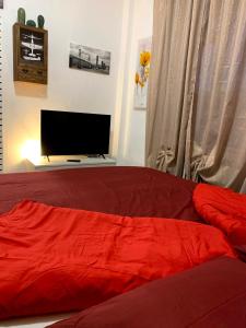 帕代诺杜尼亚诺Appartamento “La Corte”的一间卧室设有一张红色的床和一台平面电视。