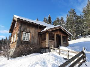 TuddalGamlestugu Greivjord Fjellgard的雪中的小木屋