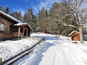 TuddalGamlestugu Greivjord Fjellgard的小屋旁的雪覆盖路径