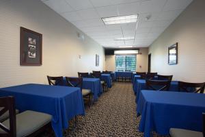SiltHoliday Inn Express Hotel & Suites Silt - Rifle, an IHG Hotel的一间配备有蓝色桌椅的用餐室